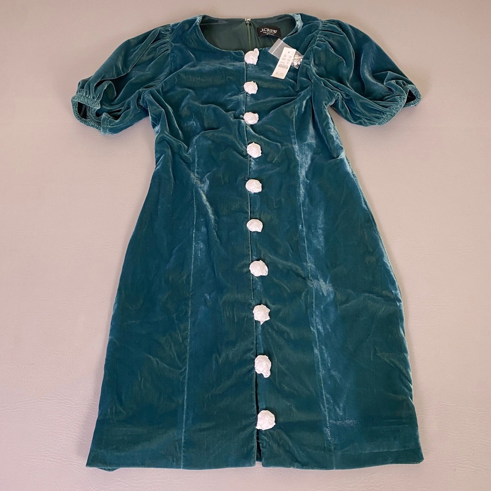 J.Crew Collection Velvet Puff Mini Dress Women's Size‎ 4 Teal Sleeve Rosette NWT